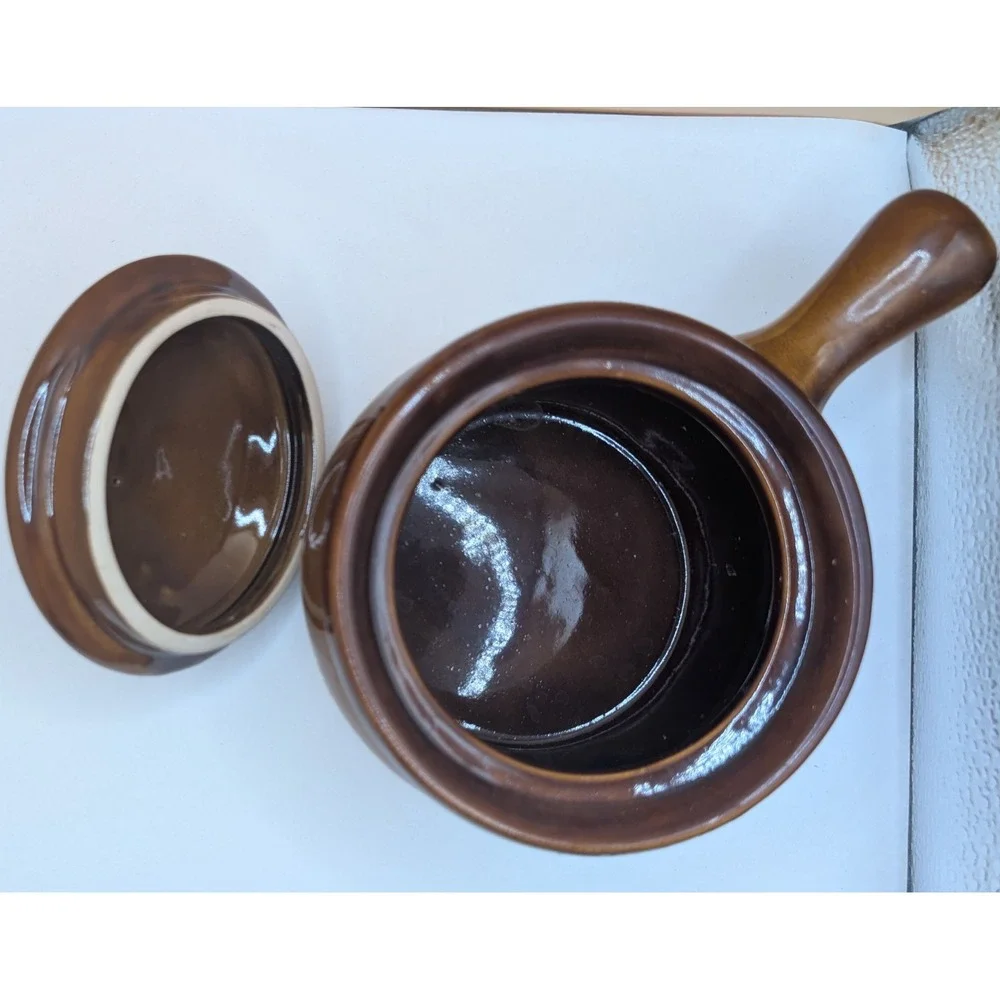 Vintage Two Tone Brown Cream Stoneware French Onion Soup Crock with Lid Handle